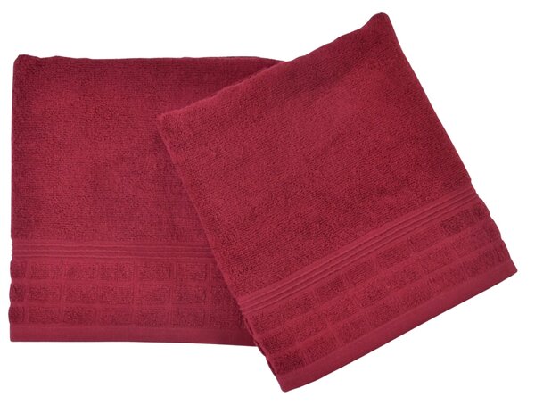 Jednobarevný froté ručník s jemným vytkaným vzorem ve spodní části. Barva ručníku je bordó. Rozměr ručníku 50x100 cm. Plošná hmotnost 450 g/m2. Praní na 60°C