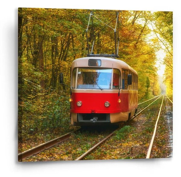Sablio Obraz Červená tramvaj v lese - 50x50 cm