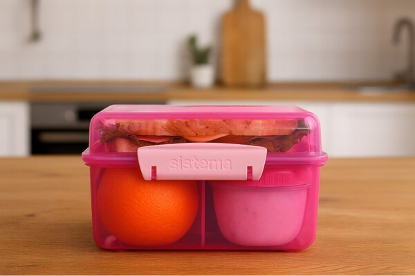 Sistema Dělený svačinový box Lunch Cube Max s nádobou na jogurt s dvojitým víčkem 2 l, růžová