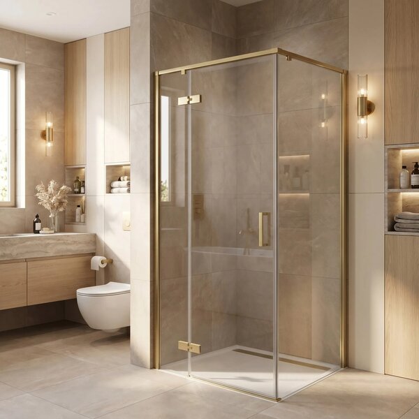 Sprchový kout REA BRUNO GOLD BRUSH 90/dveře x 90/zástěna cm, zlatý kartáčovaný/transparent - bez vaničky