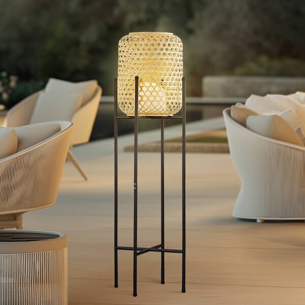 Lucande LED dobíjecí stojací lampa Adebi, černá, bambus, Ø32,5cm, stmívatelný, Černá, Hliník, Venkovský / rustikální