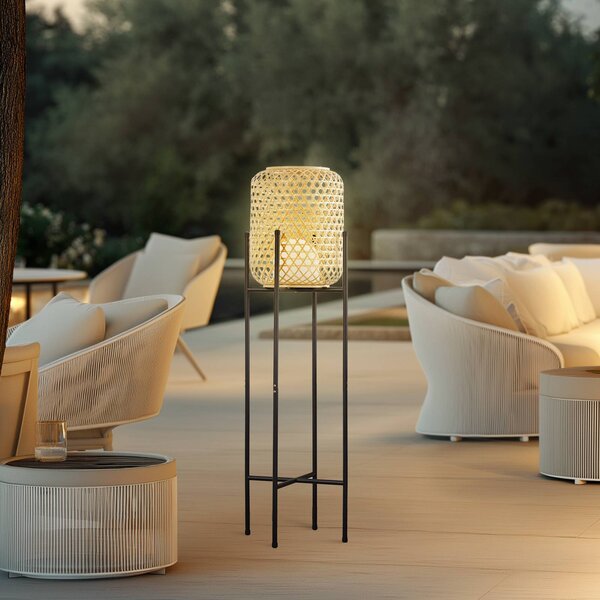 Lucande LED dobíjecí stojací lampa Adebi, černá, bambus, Ø32,5cm, stmívatelný, Černá, Hliník, Venkovský / rustikální