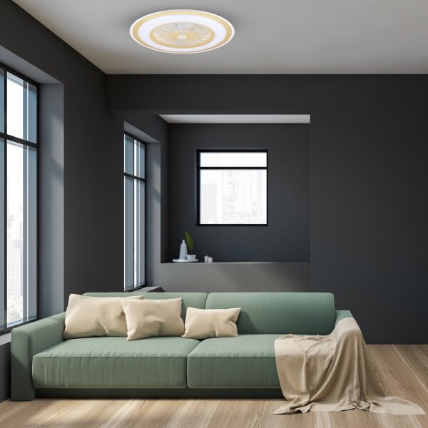 LED Stmívatelné stropní svítidlo s ventilátorem ZEPHYR LED/48W/230V zlatá + DO
