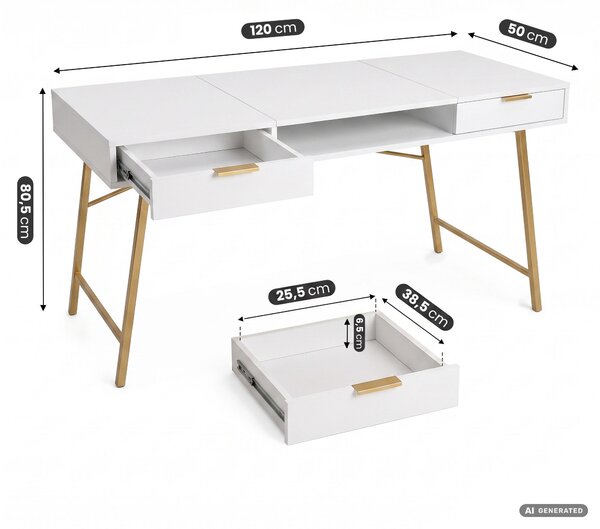 Ak furniture Psací stůl Arden 120 cm bílý/zlatý