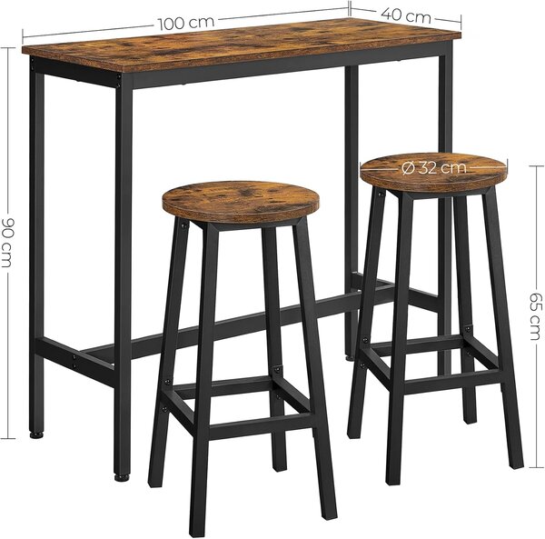 Jídelní stůl set, barový stůl a barové židle, 100x40cm, rustikální hnědý a černý