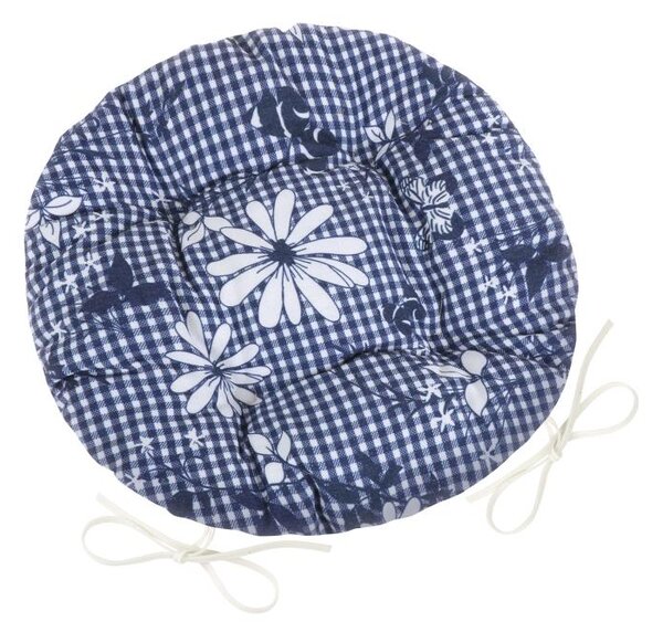 BELLATEX Sedák DITA kulatý prošívaný Kostička s květem modrá průměr 40 cm