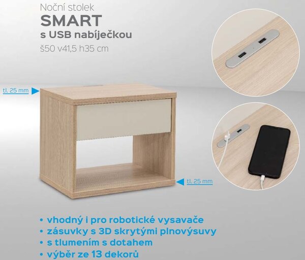 Noční stolek SMART s USB nabíječkou Dub natur (dub sonoma)