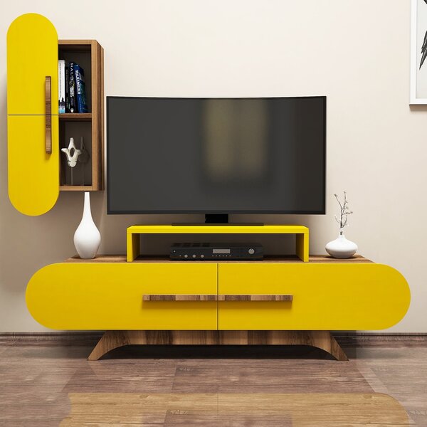 Obývací stěna Dolphie 2 (Ořech + Žlutá). Akce -25%
