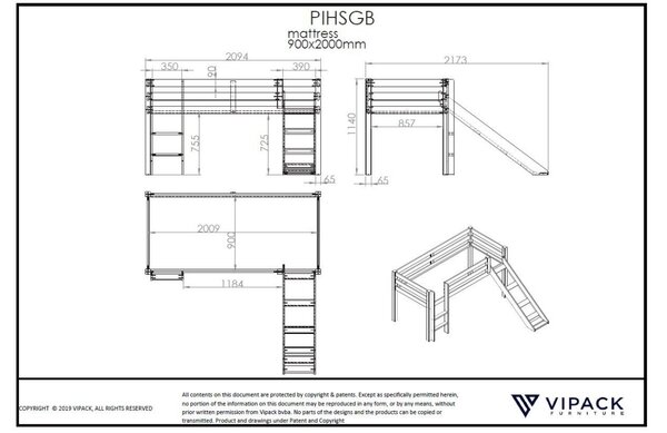 Borovicová patrová postel Vipack Pino II. 90 x 200 cm se skluzavkou