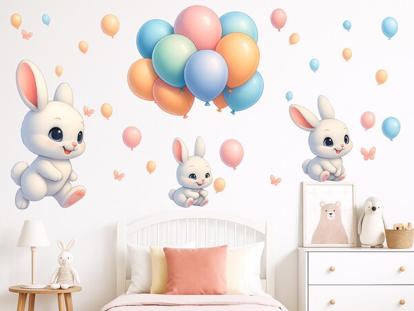 Zajíčci s balonky textilní přelepitelné samolepky na zeď arch 47 x 38 cm