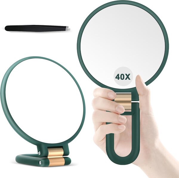 Kosmetické zrcátko s rukojetí, 40x zvětšení, oboustranné, zelené, vhodné na cesty