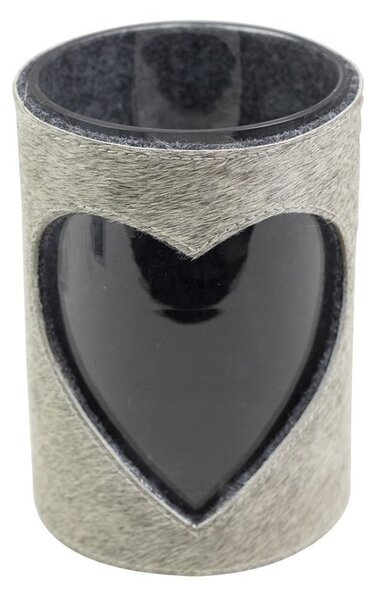 Šedý svícen z kravské kůže s motivem srdce - Ø 15*20,5cm - Mars & More