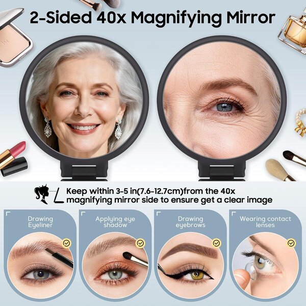 Zrcátko na líčení, 40x zvětšení, skládací, oboustranné, černé