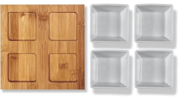 Lamart - Sada 4x porcelánová miska 19x19 cm + dřevěný podnos