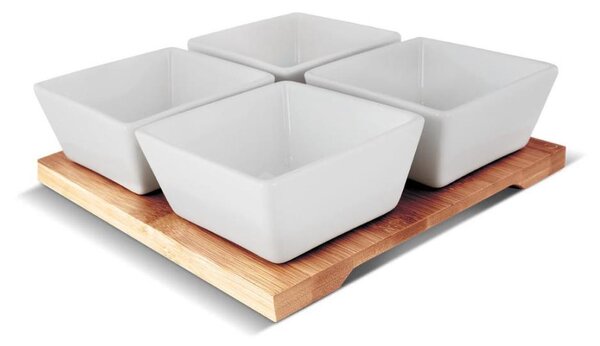 Lamart - Sada 4x porcelánová miska 19x19 cm + dřevěný podnos