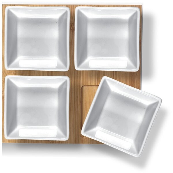 Lamart - Sada 4x porcelánová miska 19x19 cm + dřevěný podnos