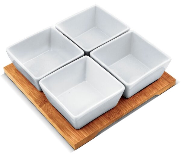 Lamart - Sada 4x porcelánová miska 19x19 cm + dřevěný podnos