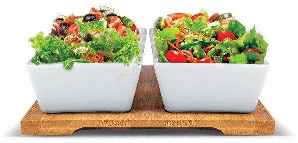 Lamart - Sada 4x porcelánová miska 19x19 cm + dřevěný podnos