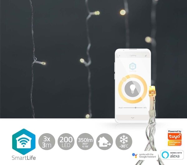 Nedis WIFILXC01W200- LED Vánoční závěs 200xLED/8 funkcí 6m IP65 Wi-Fi Tuya teplá