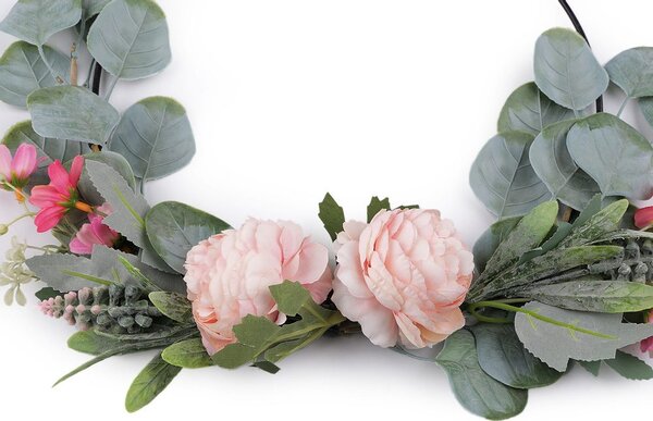 Závěsná dekorace kruh s květy Ø28 cm - růžová sv