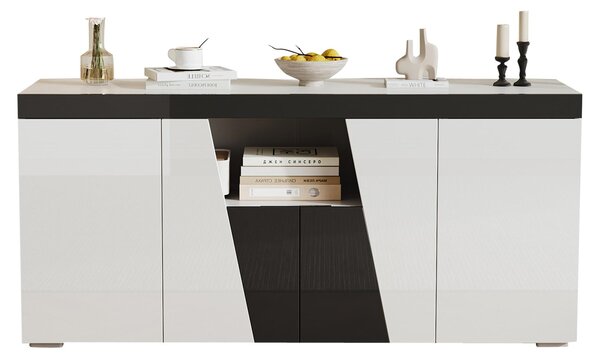 Komoda, rozměry 140x40x65 cm, 3 skříňky, 4 dvířka, rohová konstrukce, s LED osvětlením, moderní design