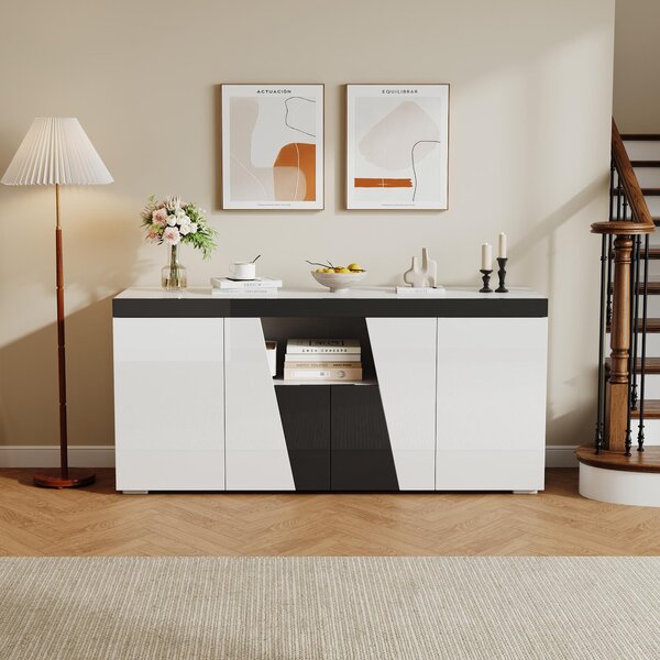 Komoda, rozměry 140x40x65 cm, 3 skříňky, 4 dvířka, rohová konstrukce, s LED osvětlením, moderní design