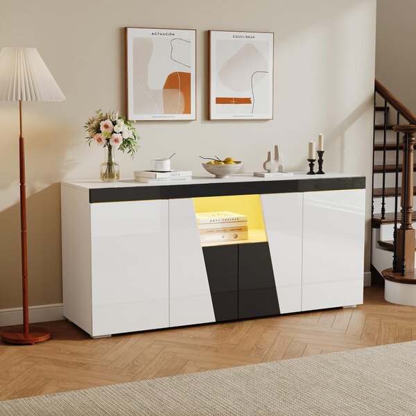 Komoda, rozměry 140x40x65 cm, 3 skříňky, 4 dvířka, rohová konstrukce, s LED osvětlením, moderní design