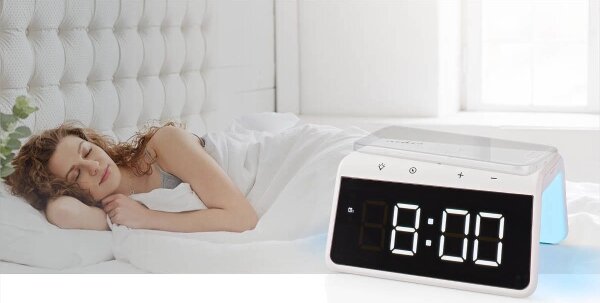 Nedis WCACQ30WT - Budík s LCD displejem a bezdrátovou nabíječkou 15W/5V bílá