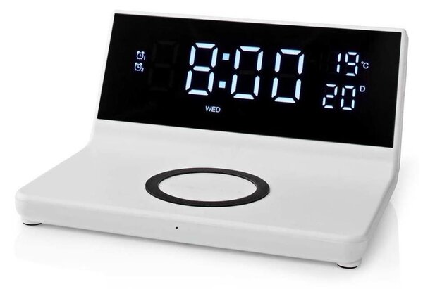Nedis WCACQ20WT - Budík s LCD displejem a bezdrátovou nabíječkou 15W/5V bílá