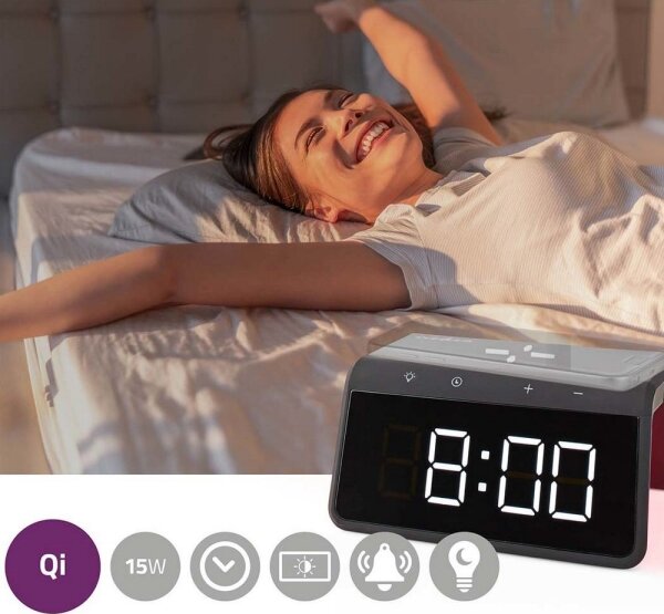 Nedis WCACQ30BK - Budík s LCD displejem a bezdrátovou nabíječkou 15W/5V černá