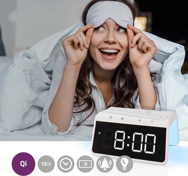Nedis WCACQ30WT - Budík s LCD displejem a bezdrátovou nabíječkou 15W/5V bílá