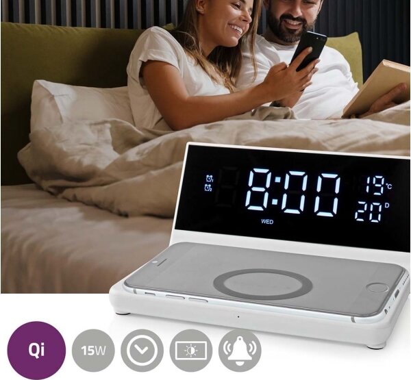 Nedis WCACQ20WT - Budík s LCD displejem a bezdrátovou nabíječkou 15W/5V bílá