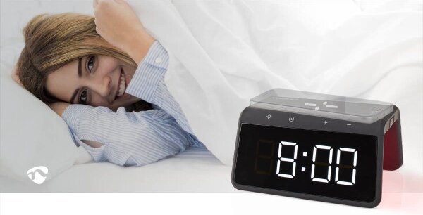 Nedis WCACQ30BK - Budík s LCD displejem a bezdrátovou nabíječkou 15W/5V černá