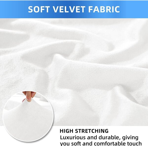 Potahy na židle z veluru, sada 6 kusů, bílé barvy, elastické, vhodné pro pratelný materiál, určené pro křesla s vysokým opěradlem a křesla s opěrkou