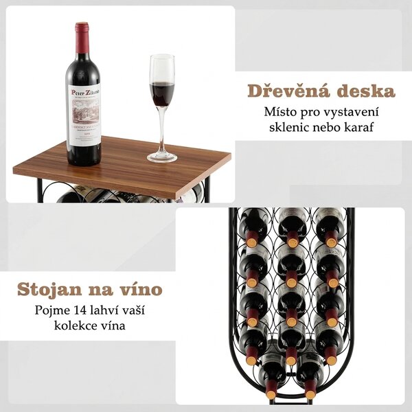 Stojan na víno pro 14 lahví, odnímatelná kolečka, hnědo-černý JV10767DK