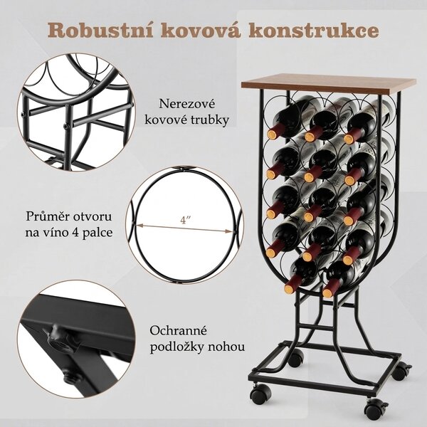 Stojan na víno pro 14 lahví, odnímatelná kolečka, hnědo-černý JV10767DK