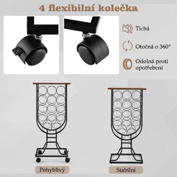 Stojan na víno pro 14 lahví, odnímatelná kolečka, hnědo-černý JV10767DK