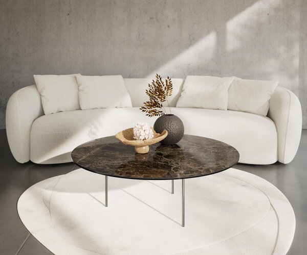 DELIFE Konferenční stolek Edge kulatý 100x100 cm keramika Laminam® Emperador Extra Lucidato tmavě hnědá Trive nerezová ocel broušená