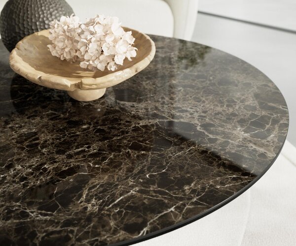 DELIFE Konferenční stolek Edge kulatý 100x100 cm keramika Laminam® Emperador Extra Lucidato tmavě hnědá Trive nerezová ocel broušená