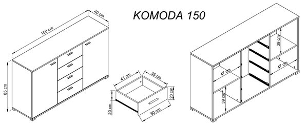Piaski Komoda Maja 150 cm bílá