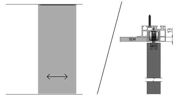 Jednokolejnicový posuv do stropu skrytý PREMIUM - pohled z jedné strany - ELOX šířka průchodu/ délka kolejnice: 60/ 130 cm, typ kotvení: do stropu