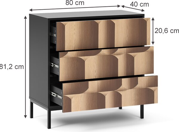 Komoda Vicco Eliza Černá/dubová 80 x 81.2 cm se 3 zásuvkami, Model 55179