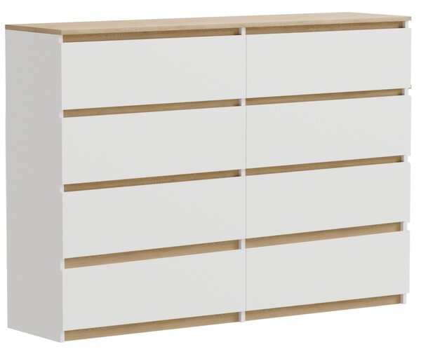 Komoda z bílého dubu Torro, 8 zásuvek, matná, rozměry 120 x 34 x 100 cm, velká, moderní, do ložnice nebo kanceláře