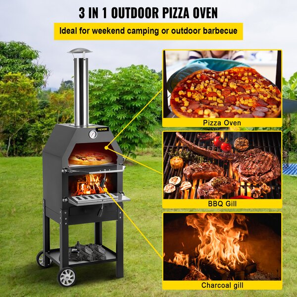 VEVOR venkovní kuchyňská pec, velikost pizzy 30 cm dvouvrstvý zahradní sporák na uhlí pec na pizzu 458x464x1418 mm kuchyňská pec stanová pec, 500 ℃ zahradní kuchyňská pec na pizzu gril pec na pizzu s pecí na pečení pizzy kámen