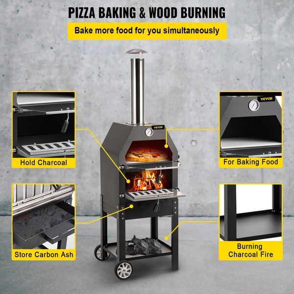 VEVOR venkovní kuchyňská pec, velikost pizzy 30 cm dvouvrstvý zahradní sporák na uhlí pec na pizzu 458x464x1418 mm kuchyňská pec stanová pec, 500 ℃ zahradní kuchyňská pec na pizzu gril pec na pizzu s pecí na pečení pizzy kámen