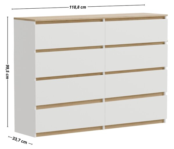 Komoda z bílého dubu Torro, 8 zásuvek, matná, rozměry 120 x 34 x 100 cm, velká, moderní, do ložnice nebo kanceláře