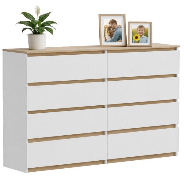 Komoda z bílého dubu Torro, 8 zásuvek, matná, rozměry 120 x 34 x 100 cm, velká, moderní, do ložnice nebo kanceláře