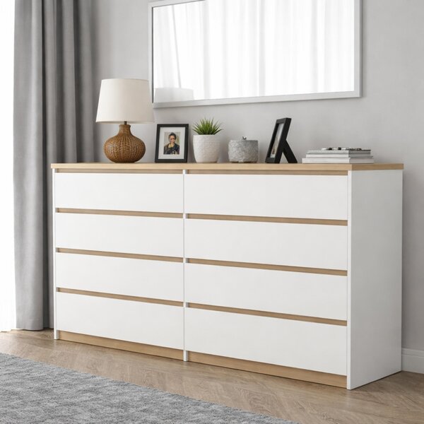 Komoda z bílého dubu Torro, 8 zásuvek, matná, 140 x 34 x 100 cm, extra velká, moderní, do ložnice nebo kanceláře