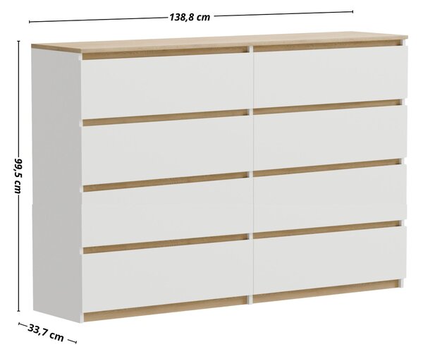 Komoda z bílého dubu Torro, 8 zásuvek, matná, 140 x 34 x 100 cm, extra velká, moderní, do ložnice nebo kanceláře