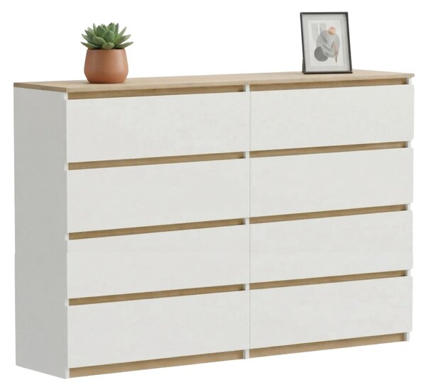 Komoda z bílého dubu Torro, 8 zásuvek, matná, 140 x 34 x 100 cm, extra velká, moderní, do ložnice nebo kanceláře